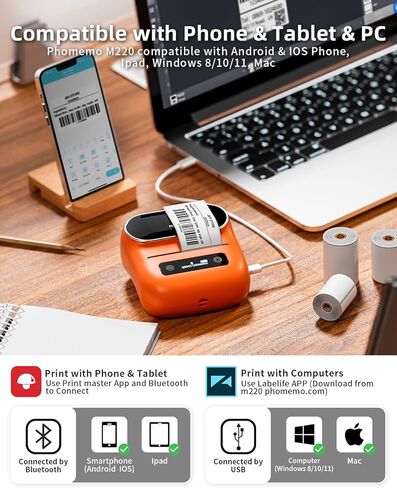 صانع ملصقات Phomemo M220 - طابعة ملصقات باركود حرارية للشركات الصغيرة والتجزئة والمستودعات - طباعة الرموز الشريطية ورموز الاستجابة السريعة (0.78 بوصة - 3.14 بوصة)، متوافقة مع الهاتف والكمبيوتر الشخصي، مع 3 عبوات ملصقات in Kuwait