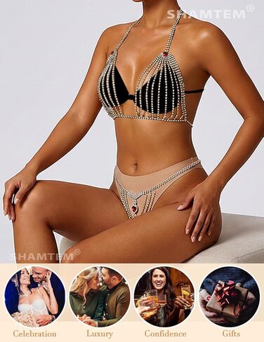 Women Rhinestone Bra Panties Sets Crystal Bikini Sexy Underwear Thong Body Chain Sparkly Party Body Jewelry for Women in Saudi Arabia