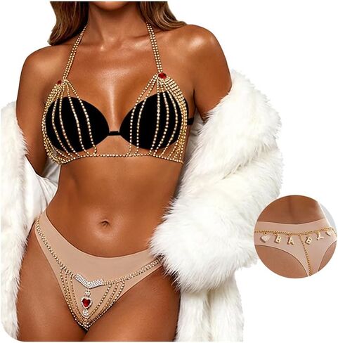 Women Rhinestone Bra Panties Sets Crystal Bikini Sexy Underwear Thong Body Chain Sparkly Party Body Jewelry for Women in Saudi Arabia