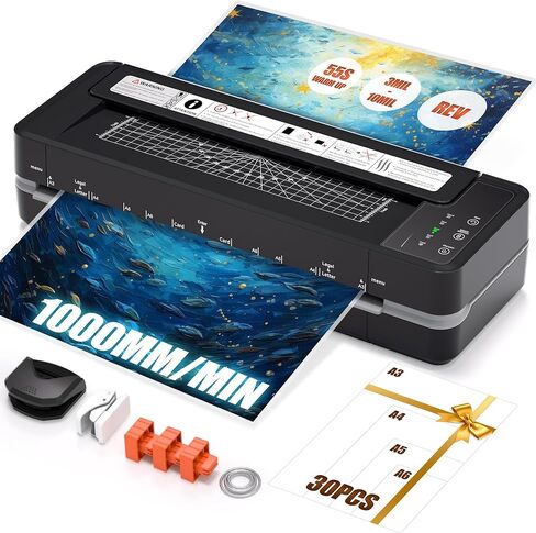 آلة تغليف تجارية بأربع أسطوانات مقاس 13 بوصة، آلة تغليف بسُمك 3-10 مل، تسخين سريع لمدة 55 ثانية وسرعة تصفيح 1000 مم/الدقيقة للتغليف مقاس 11 × 17 وA3، تتضمن 30 ورقة للمكتب والمدرسة (أسود) in Kuwait