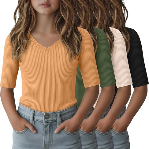 4 Pack Girls Shirts Half Sleeve Kids Ribbed V Neck Tops Basic Summer Cute Tees for Teen in Saudi Arabia