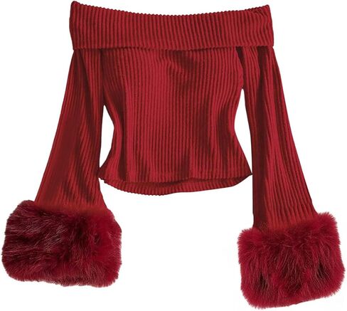 WDIRARA Girl's Off The Shoulder Top Faux Fur Long Sleeve Tee Shirts Rib Knit Tops in Saudi Arabia