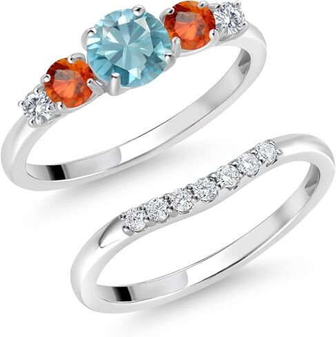 Gem Stone King 10K White Gold Blue Zircon Orange Sapphire and White Lab Grown Diamond 5 Stone Bridal Engagement Wedding Ring Set For Women (1.28 Cttw, Round: 5MM and 3MM) in Saudi Arabia