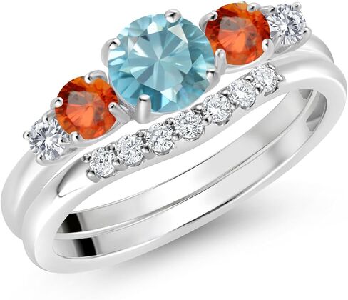 Gem Stone King 10K White Gold Blue Zircon Orange Sapphire and White Lab Grown Diamond 5 Stone Bridal Engagement Wedding Ring Set For Women (1.28 Cttw, Round: 5MM and 3MM) in Saudi Arabia