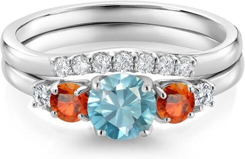 Gem Stone King 10K White Gold Blue Zircon Orange Sapphire and White Lab Grown Diamond 5 Stone Bridal Engagement Wedding Ring Set For Women (1.28 Cttw, Round: 5MM and 3MM) in Saudi Arabia