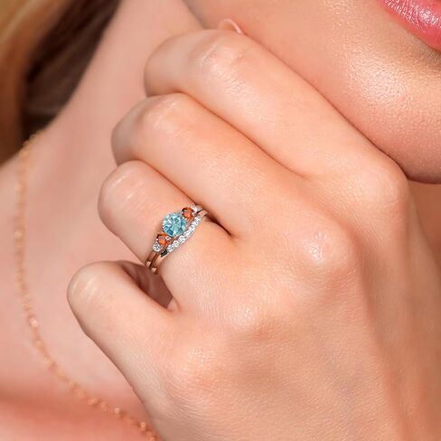 Gem Stone King 10K White Gold Blue Zircon Orange Sapphire and White Lab Grown Diamond 5 Stone Bridal Engagement Wedding Ring Set For Women (1.28 Cttw, Round: 5MM and 3MM) in Saudi Arabia