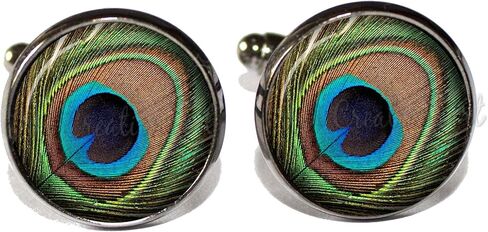 Lovely Peacock Eye Feather Design Handmade ROUND Glass Metal Cuff LInks Cufflinks Gift for Him in Kuwait
