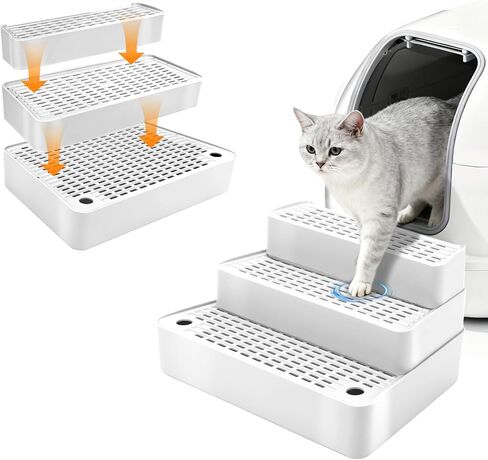 Adjustable 3 Steps Cat Ramp for Litter Box, Detachable Cat Pedal Step Stool with Filter Function, Double Layered Cats Litter Trapper, Suitable for Small&Elderly Cats, Non-Slip(Grey) in Saudi Arabia