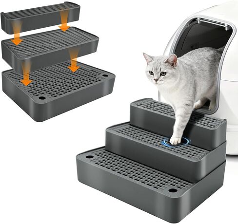 Adjustable 3 Steps Cat Ramp for Litter Box, Detachable Cat Pedal Step Stool with Filter Function, Double Layered Cats Litter Trapper, Suitable for Small&Elderly Cats, Non-Slip(Grey) in Saudi Arabia