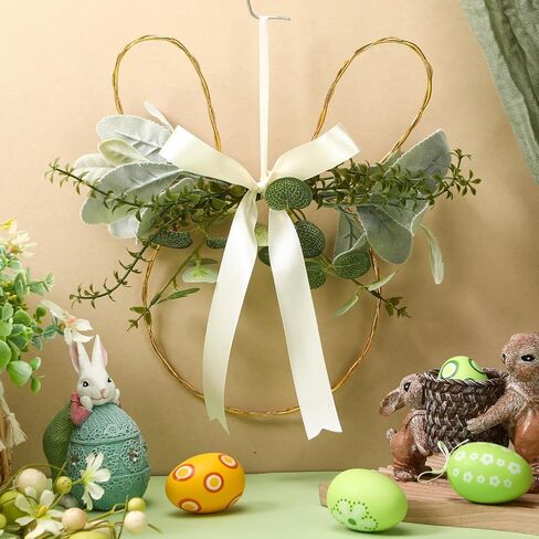 Shimeyao Easter Bunny Wreaths for Front Door Spring Hanging Decorations Easter Wreath with Artificial Greenery Lamb's Ear Leaves Satin Bow Fresh Rabbit Garland for Farmhouse Home Wall Porch Window in Saudi Arabia