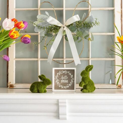 Shimeyao Easter Bunny Wreaths for Front Door Spring Hanging Decorations Easter Wreath with Artificial Greenery Lamb's Ear Leaves Satin Bow Fresh Rabbit Garland for Farmhouse Home Wall Porch Window in Saudi Arabia