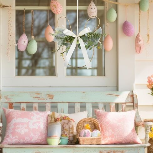 Shimeyao Easter Bunny Wreaths for Front Door Spring Hanging Decorations Easter Wreath with Artificial Greenery Lamb's Ear Leaves Satin Bow Fresh Rabbit Garland for Farmhouse Home Wall Porch Window in Saudi Arabia