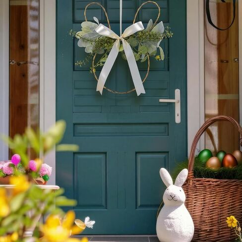 Shimeyao Easter Bunny Wreaths for Front Door Spring Hanging Decorations Easter Wreath with Artificial Greenery Lamb's Ear Leaves Satin Bow Fresh Rabbit Garland for Farmhouse Home Wall Porch Window in Saudi Arabia