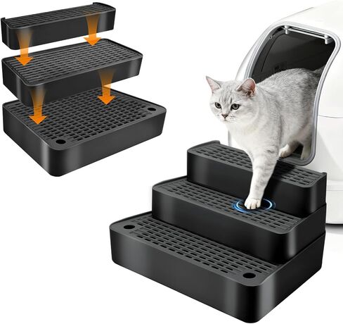 Adjustable 3 Steps Cat Ramp for Litter Box, Detachable Cat Pedal Step Stool with Filter Function, Double Layered Cats Litter Trapper, Suitable for Small&Elderly Cats, Non-Slip(Grey) in Saudi Arabia