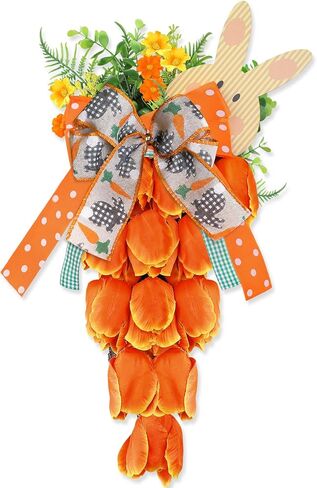 Easter Carrot Wreath for Front Door 19 Inch, Artificial Tulip Spring Flower Swag with Bunny Sign, Faux Floral Garland Hanging Ornament for Window Wall Farmhouse Porch Home Office Easter Decor in Saudi Arabia