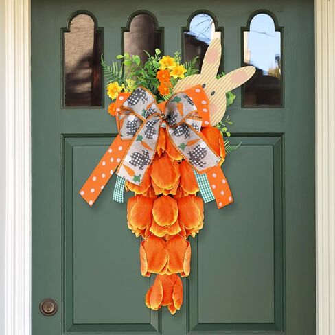 Easter Carrot Wreath for Front Door 19 Inch, Artificial Tulip Spring Flower Swag with Bunny Sign, Faux Floral Garland Hanging Ornament for Window Wall Farmhouse Porch Home Office Easter Decor in Saudi Arabia