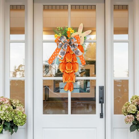 Easter Carrot Wreath for Front Door 19 Inch, Artificial Tulip Spring Flower Swag with Bunny Sign, Faux Floral Garland Hanging Ornament for Window Wall Farmhouse Porch Home Office Easter Decor in Saudi Arabia