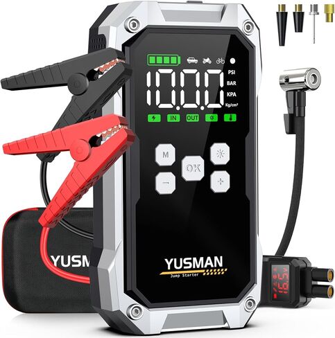 YUSMAN Car Jump Starter, 3000A 12V Jump Starter Battery Pack (7.0 Gas/5.5L Diesel), Safe Car Jumper Box with Display, Car Jump Starter with Extended Smart Jumper Cables, Quick Charge 3.0, LED Light in Kuwait