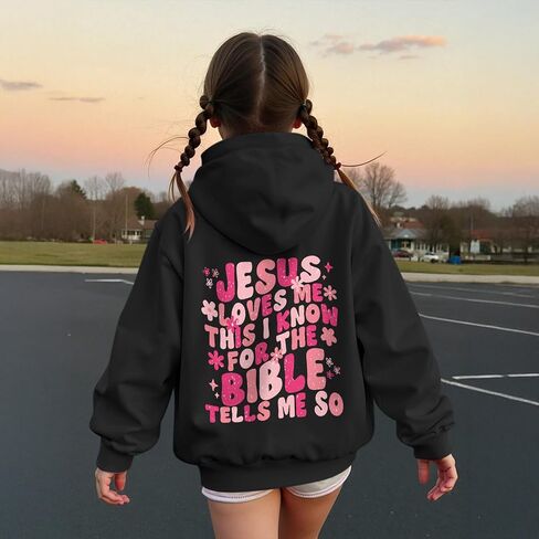 Girl's Christian Graphic Hoodie God Jesus Loves Me Hoodies for Kids Faith Religious Hooded Sweatshirts Pullover Tops in Saudi Arabia