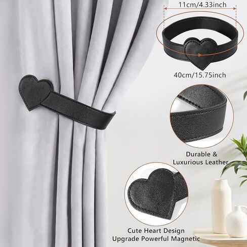 Leather Magnetic Curtain Tiebacks, 2 Pack Heart-Shaped Curtain Ties with Strong Magnets, Elegant Window Treatment Holdbacks for Living Room, Outdoor, Stylish Curtain Holders Gift for Home Decor in Saudi Arabia