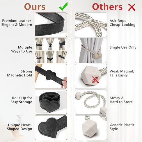 Leather Magnetic Curtain Tiebacks, 2 Pack Heart-Shaped Curtain Ties with Strong Magnets, Elegant Window Treatment Holdbacks for Living Room, Outdoor, Stylish Curtain Holders Gift for Home Decor in Saudi Arabia