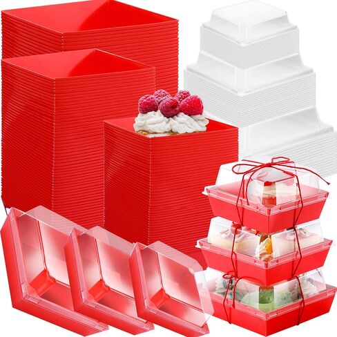 Tatuo 150 Sets Charcuterie Boxes with Clear Lids and Rope Mothers day Square Cookie Bakery Boxes Disposable Dessert Boxes for Wedding Party Favor, Sandwich, Macaron Display, Cake Containers, 3 Sizes in Kuwait