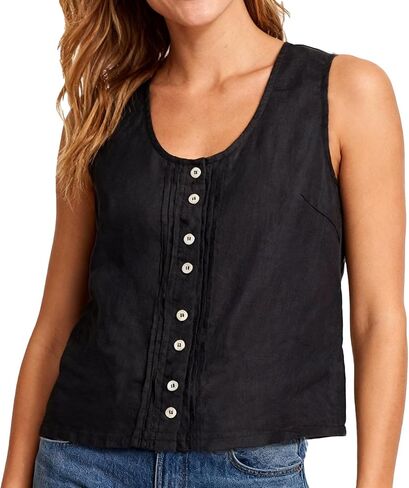 Amazhiyu Womens 100% Linen Sleeveless Tank Tops Scoop Neck Button Pleated Blouse in Saudi Arabia
