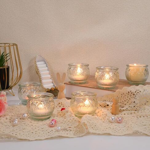 GLEAVI Glass Votive Candle Holders Set of 6, Clear Lotus Tealight Candle Holder Centerpieces, Thick Heavy Base Flower Candlestick for Wedding Reception Party Home Decor Table in Saudi Arabia