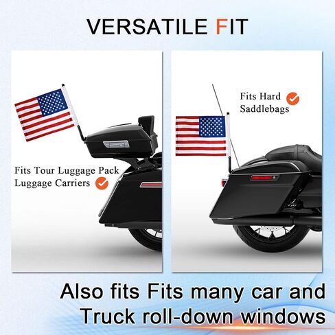 FOVPLUE 15" x 11" American Flag Kit,Clamp On Motorcycle Flag Pole Mount for Harley Touring Hard Saddlebags,Tour Luggage Pack,Luggage Carrier,car/truck roll-down window, 2-Pack in Saudi Arabia