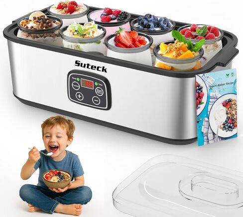 صانع الزبادي من سوتيك - صانعات الزبادي من الفولاذ المقاوم للصدأ مع تحكم في الوقت ودرجة الحرارة قابل للتعديل، إيقاف تلقائي ودرجة حرارة ثابتة للزبادي اليوناني محلي الصنع، زبادي بروبيوتيك، 8 برطمانات زجاجية خالية من مادة BPA (48 أونصة)، أسود in Kuwait