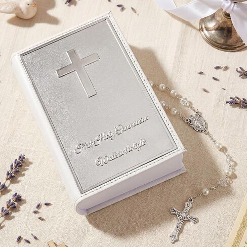 First Communion Rosary Beads Necklace Gifts for Girls with Engraved Keepsake Gift Box 20.5 Inch Stainless Steel Glass Beads Catholic Rosary with Cross for First Holy Communion. in Saudi Arabia