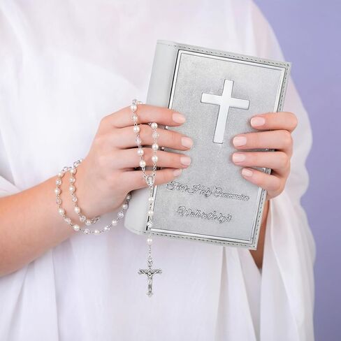 First Communion Rosary Beads Necklace Gifts for Girls with Engraved Keepsake Gift Box 20.5 Inch Stainless Steel Glass Beads Catholic Rosary with Cross for First Holy Communion. in Saudi Arabia