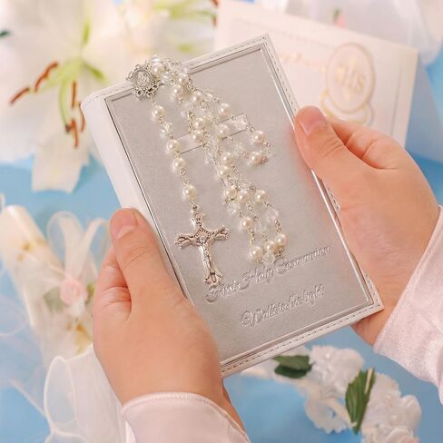 First Communion Rosary Beads Necklace Gifts for Girls with Engraved Keepsake Gift Box 20.5 Inch Stainless Steel Glass Beads Catholic Rosary with Cross for First Holy Communion. in Saudi Arabia