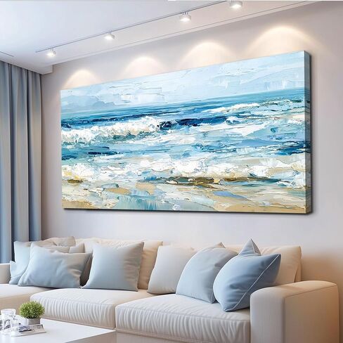WLWBINTING Canvas Wall Art For Bedroom Wall Decor For Living Room Ocean Waves Painting Textured Canvas Prints Abstract Blue Sea Pictures Modern Office Home Decor Mural Artwork Ready To Hang 20"X40" in Saudi Arabia