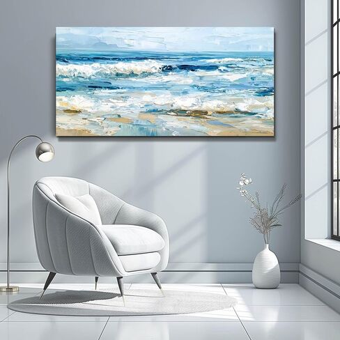 WLWBINTING Canvas Wall Art For Bedroom Wall Decor For Living Room Ocean Waves Painting Textured Canvas Prints Abstract Blue Sea Pictures Modern Office Home Decor Mural Artwork Ready To Hang 20"X40" in Saudi Arabia