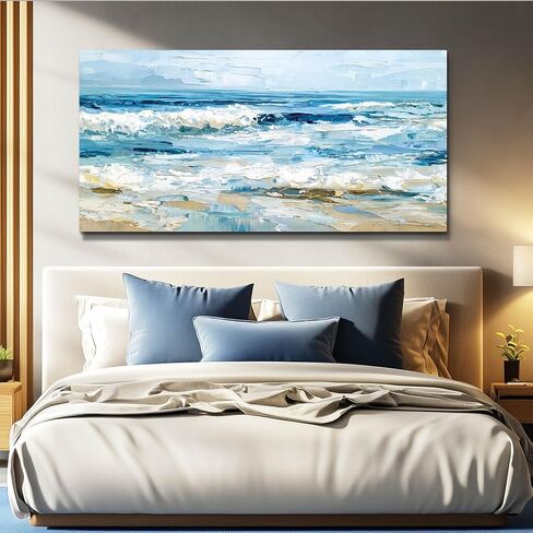 WLWBINTING Canvas Wall Art For Bedroom Wall Decor For Living Room Ocean Waves Painting Textured Canvas Prints Abstract Blue Sea Pictures Modern Office Home Decor Mural Artwork Ready To Hang 20"X40" in Saudi Arabia