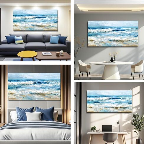 WLWBINTING Canvas Wall Art For Bedroom Wall Decor For Living Room Ocean Waves Painting Textured Canvas Prints Abstract Blue Sea Pictures Modern Office Home Decor Mural Artwork Ready To Hang 20"X40" in Saudi Arabia