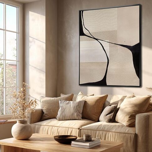Black & Beige Canvas Wall Art, Hand-Painted Abstract Oil Painting, Framed, Textured, Ready to Hang, Modern Decor for Living Room Bedroom 36x48 inch in Saudi Arabia