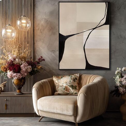 Black & Beige Canvas Wall Art, Hand-Painted Abstract Oil Painting, Framed, Textured, Ready to Hang, Modern Decor for Living Room Bedroom 36x48 inch in Saudi Arabia