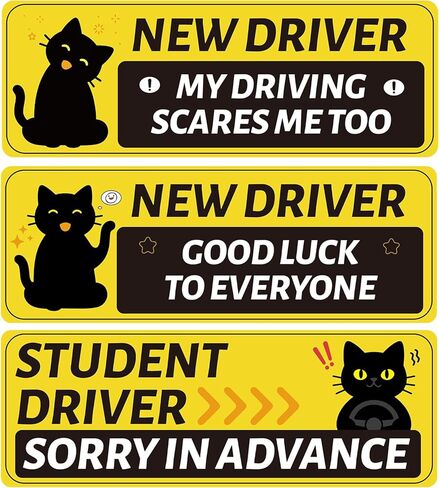 3pcs New Driver Car Magnet for Teens, 9.84x3.54 Inch/25x9cm 3 Design Funny Black Cat Rookie Student Driver Safety Magnet Reflective Bumper Novice Driving Magnetic Sticker Signs for Trucks Vehicles in Saudi Arabia