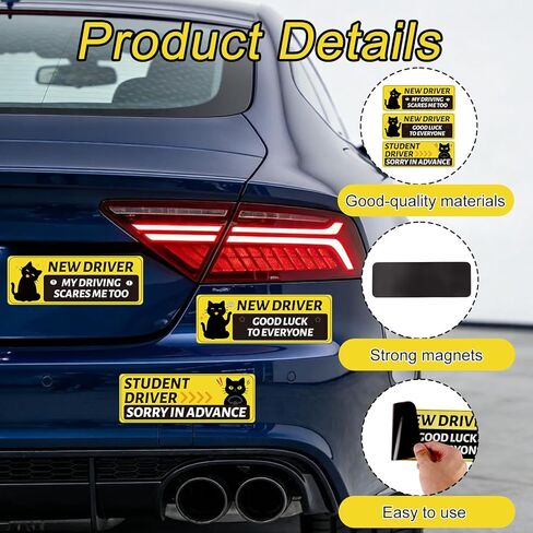 3pcs New Driver Car Magnet for Teens, 9.84x3.54 Inch/25x9cm 3 Design Funny Black Cat Rookie Student Driver Safety Magnet Reflective Bumper Novice Driving Magnetic Sticker Signs for Trucks Vehicles in Saudi Arabia