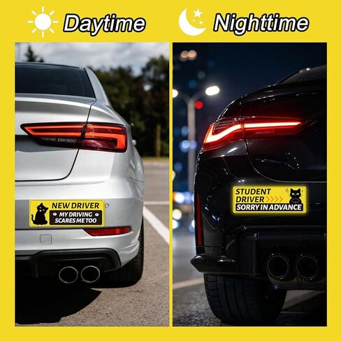 3pcs New Driver Car Magnet for Teens, 9.84x3.54 Inch/25x9cm 3 Design Funny Black Cat Rookie Student Driver Safety Magnet Reflective Bumper Novice Driving Magnetic Sticker Signs for Trucks Vehicles in Saudi Arabia
