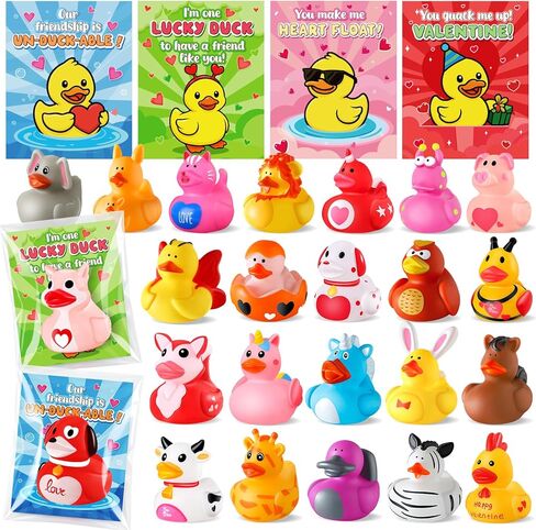 ANGGIKO 24 حزمة من البط المطاطي لعيد الحب مع بطاقات الهدايا، ألعاب حوض استحمام مطاطية على شكل قلب لعيد الحب، بطات جيب للأطفال، هدايا مكافآت تزيين حفلات عيد الحب للأولاد والبنات in Kuwait