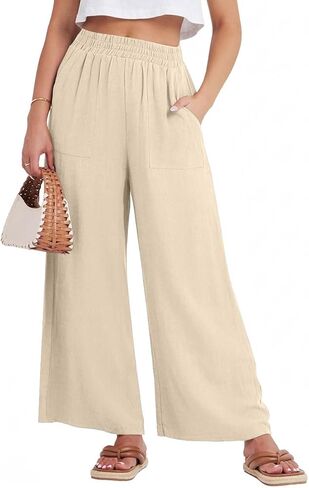 GRECERELLE Women Elastic High Waisted Wide Leg Pants Woman Casual Palazzo Trousers in Kuwait