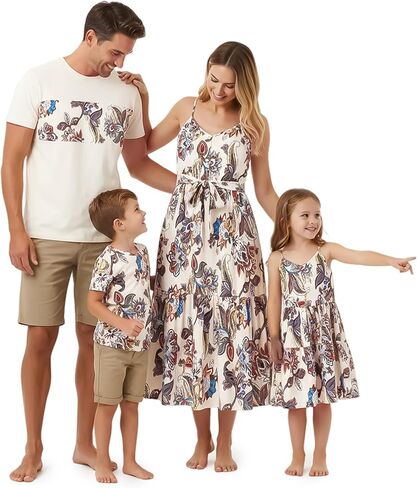 PATPAT Family Matching Outfits Mommy and Me Dresses Spaghetti Sleeveless Summer Vacation Hawaiian Dress and T-Shirts Sets in Kuwait