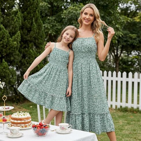 GRACE KARIN Mommy and Me Floral Smocked Dress,Spaghetti Strap Boho Dress,Summer Maxi Dress with Pockets in Kuwait