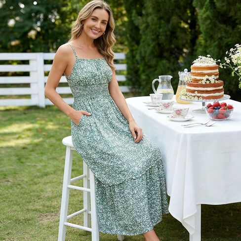 GRACE KARIN Mommy and Me Floral Smocked Dress,Spaghetti Strap Boho Dress,Summer Maxi Dress with Pockets in Kuwait