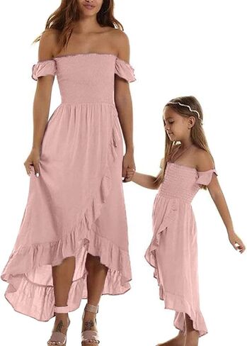 SYLTT Beautiful Mom Daughter Matching Dresses Off Shoulder Maxi Ruffle Backless Matching Outfit Short Sleeve Beach Mom Daughter Matching Outfits (Color : Pink, Size : X-Large) in Saudi Arabia