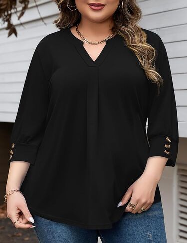 TFSDOD Womens Plus Size Tops 3/4 Length Sleeve Womens Tops V Neck Blouses Pleated Tunic Plus Size Fashion (1X-5X) in Saudi Arabia