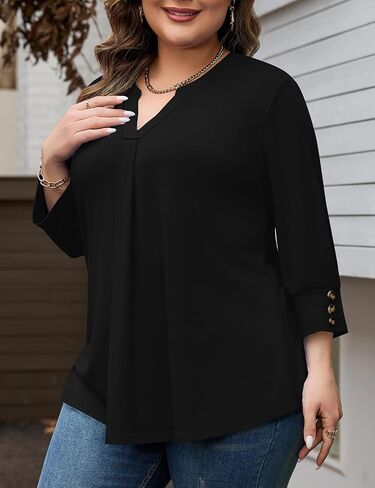 TFSDOD Womens Plus Size Tops 3/4 Length Sleeve Womens Tops V Neck Blouses Pleated Tunic Plus Size Fashion (1X-5X) in Saudi Arabia